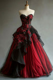 Burgundy A-Line Sweetheart Neck Tulle Applique Long Prom Dress Vintage Evening Gown HZ1108