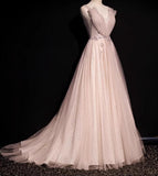 Blush Pink A-Line V-neck Glitter Tulle with Beaded Long Prom Dress Adult Ceremony Evening Dress HZ1108