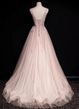 Blush Pink A-Line V-neck Glitter Tulle with Beaded Long Prom Dress Adult Ceremony Evening Dress HZ1108