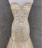 Light Champagne Mermaid Sweetheart Neck Beaded Tulle Long Ball Dress Vintage Evening Dress HZ1108