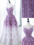 Gradient Purple A-Line Spaghetti Strap Tulle Sequin Long Prom Dresses for Birthday&Graduation HZ1108