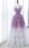 Gradient Purple A-Line Spaghetti Strap Tulle Sequin Long Prom Dresses for Birthday&Graduation HZ1108