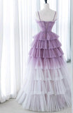 Gradient Purple A-Line Spaghetti Strap Tulle Sequin Long Prom Dresses for Birthday&Graduation HZ1108