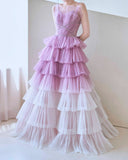 Gradient Purple A-Line Spaghetti Strap Tulle Sequin Long Prom Dresses for Birthday&Graduation HZ1108