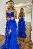 A-Line Sweetheart Neck Chiffon Lace Blue Long Prom Dress, Blue Long Graduation Dress HZ1108