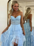 A-Line Sweetheart Neck Chiffon Lace Blue Long Prom Dress, Blue Long Graduation Dress HZ1108