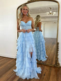 A-Line Sweetheart Neck Chiffon Lace Blue Long Prom Dress, Blue Long Graduation Dress HZ1108