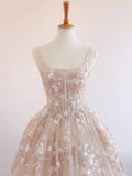Sweet Light Champagne A-Line Tulle Sequin Applique Long Prom Dress Formal Evening Gowns HZ1108