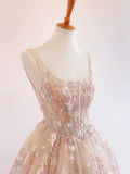 Sweet Light Champagne A-Line Tulle Sequin Applique Long Prom Dress Formal Evening Gowns HZ1108