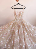 Sweet Light Champagne A-Line Tulle Sequin Applique Long Prom Dress Formal Evening Gowns HZ1108
