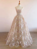Sweet Light Champagne A-Line Tulle Sequin Applique Long Prom Dress Formal Evening Gowns HZ1108