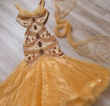 Vintage Yellow Mermaid Tulle Chiffon Long Prom Dress Pretty Birthday Dress HZ1108