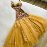 Vintage Yellow Mermaid Tulle Chiffon Long Prom Dress Pretty Birthday Dress HZ1108