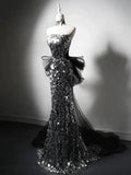 Modest Silver Mermaid Strapless Sequin Tulle Long Prom Dress Formal Evening Dress HZ1108