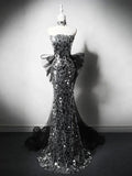 Modest Silver Mermaid Strapless Sequin Tulle Long Prom Dress Formal Evening Dress HZ1108