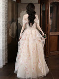Champagne A-Line Tulle Sequins Long Prom Dress Embroidery Applique Formal Evening Dress HZ1108