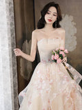 Champagne A-Line Tulle Sequins Long Prom Dress Embroidery Applique Formal Evening Dress HZ1108