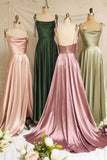 Spaghetti Strap A-Line Satin Simple Long Prom Dress Bridesmaid Dress HZ1108
