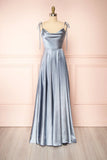 Spaghetti Strap A-Line Satin Simple Long Prom Dress Bridesmaid Dress HZ1108