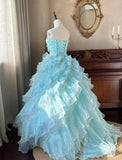 Cute Sky Blue A-Line Strapless Tulle Beaded Long Prom Dress Sequined Layered Adult Ceremony Dress HZ1108