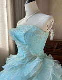 Cute Sky Blue A-Line Strapless Tulle Beaded Long Prom Dress Sequined Layered Adult Ceremony Dress HZ1108