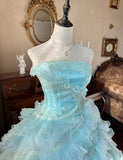 Cute Sky Blue A-Line Strapless Tulle Beaded Long Prom Dress Sequined Layered Adult Ceremony Dress HZ1108