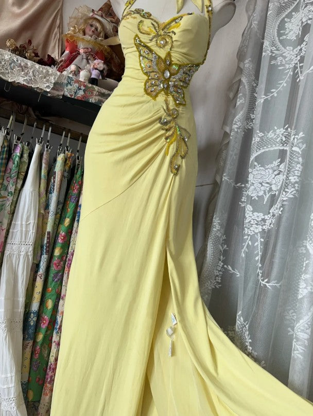 Elegant Yellow Mermaid Formal Dresses Halter Sequin Diamond Long Prom Dress Birthday Party Outfit HZ1108