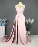Elegant Pink Long One Shoulder Sleeveless Prom Dress Long Slit Online HZ1108