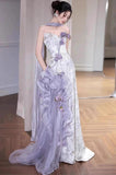Elegant Purple Mermaid Strapless Satin Tulle Long Prom Dress Applique Evening Gown HZ1108