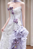 Elegant Purple Mermaid Strapless Satin Tulle Long Prom Dress Applique Evening Gown HZ1108