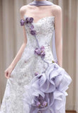 Elegant Purple Mermaid Strapless Satin Tulle Long Prom Dress Applique Evening Gown HZ1108