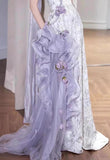Elegant Purple Mermaid Strapless Satin Tulle Long Prom Dress Applique Evening Gown HZ1108
