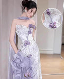 Elegant Purple Mermaid Strapless Satin Tulle Long Prom Dress Applique Evening Gown HZ1108