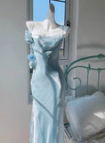 Gentle Blue Bodycon Dress Spaghetti Strap Chiffon Long Prom Dress Graduation Prom Dress HZ1108