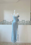 Gentle Blue Bodycon Dress Spaghetti Strap Chiffon Long Prom Dress Graduation Prom Dress HZ1108
