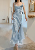 Gentle Blue Bodycon Dress Spaghetti Strap Chiffon Long Prom Dress Graduation Prom Dress HZ1108
