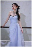 Purple A-Line Strapless Chiffon Pleated Long Prom Dress Chic Lace Graduation Prom Dress HZ1108