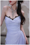Purple A-Line Strapless Chiffon Pleated Long Prom Dress Chic Lace Graduation Prom Dress HZ1108