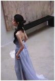 Purple A-Line Strapless Chiffon Pleated Long Prom Dress Chic Lace Graduation Prom Dress HZ1108