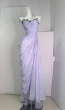 Purple A-Line Strapless Chiffon Pleated Long Prom Dress Chic Lace Graduation Prom Dress HZ1108