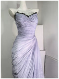 Purple A-Line Strapless Chiffon Pleated Long Prom Dress Chic Lace Graduation Prom Dress HZ1108