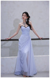 Purple A-Line Strapless Chiffon Pleated Long Prom Dress Chic Lace Graduation Prom Dress HZ1108