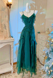 Vintage Green A-Line Spaghetti Strap Chiffon Long Prom Dress V-Neck Layered Evening Gown HZ1108