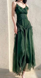 Vintage Green A-Line Spaghetti Strap Chiffon Long Prom Dress V-Neck Layered Evening Gown HZ1108