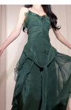 Vintage Green A-Line Spaghetti Strap Chiffon Long Prom Dress V-Neck Layered Evening Gown HZ1108