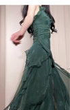 Vintage Green A-Line Spaghetti Strap Chiffon Long Prom Dress V-Neck Layered Evening Gown HZ1108