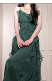 Vintage Green A-Line Spaghetti Strap Chiffon Long Prom Dress V-Neck Layered Evening Gown HZ1108