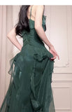Vintage Green A-Line Spaghetti Strap Chiffon Long Prom Dress V-Neck Layered Evening Gown HZ1108