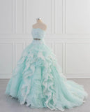 Light Blue A-Line Strapless Tulle Lace Long Prom Dress Vintage Wedding Dress HZ1108