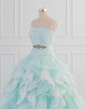 Light Blue A-Line Strapless Tulle Lace Long Prom Dress Vintage Wedding Dress HZ1108